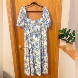 August Sky Blue Floral Puff Sleeve Shirred Dress
